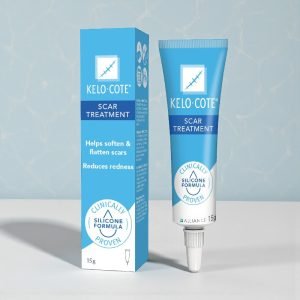 Kelo-Cote Scar Treatment Gel 15g tube with white and blue packaging, displaying the text “Kelo-Cote Advanced Formula Silicone Gel” used for scar treatment.
