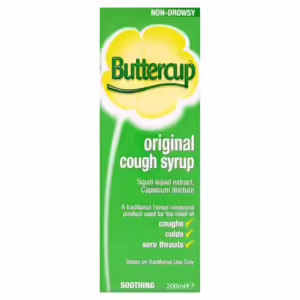 Image of a 200ml bottle of Buttercup Original Cough Syrup with the label clearly showing the product name and herbal ingredients, positioned against a white background.