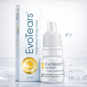 EvoTears Eye Drops bottle and box, white and blue packaging showing “EvoTears” text and 3ml preservative-free eye drop bottle for dry eye lubrication.