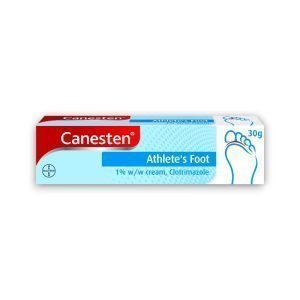 Canesten Athlete's Foot Cream 30g box with a red and white design. Label shows 1% w/w clotrimazole cream for treating athlete’s foot, with a blue outline of a foot and red marking between the toes to indicate the infection area.