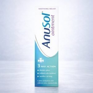 Anusol Ointment tube and box with cream and blue packaging, showing Anusol branding and ointment label, standard retail pack size.