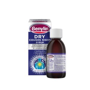 Benylin Dry Cough Night Syrup 150ml – clear red syrup in glass bottle with purple label, showing “Night” and “Dry Cough” text, packaged in purple carton.