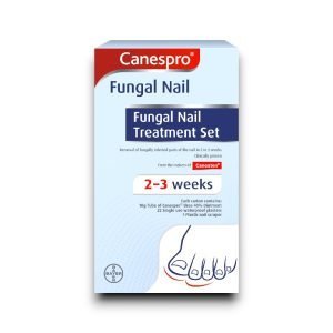 Front view of Canespro Fungal Nail Treatment Set packaging showing product name, usage duration of 2–3 weeks, and illustration of a toenail with fungal infection.