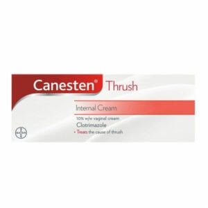Canesten Internal Thrush Cream – White and red box labelled “Internal Cream 10% w/w Clotrimazole” with pre-filled applicators, pack size visible.