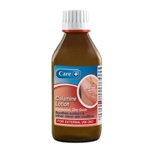 Bottle of Calamine Lotion in a pale pink suspension, labelled “Calamine Lotion” with active ingredients calamine 15% w/v and zinc oxide 5% w/v, typically supplied in a 200ml bottle.