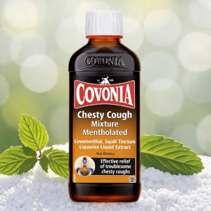 Covonia Chesty Cough Mixture Mentholated bottle, dark brown liquid in clear glass bottle with red and yellow label, showing Covonia branding, mentholated chesty cough mixture, 150ml pack size.