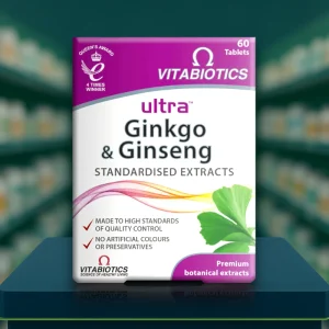 Vitabiotics Ultra Ginkgo & Ginseng Tablets – purple and white box, labelled 800mg Ginkgo and 400mg Ginseng, pack size 60 tablets.