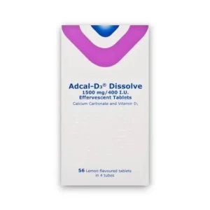 Adcal-D3 Dissolve Effervescent Tablets – 56 lemon-flavoured tablets with 1500mg calcium carbonate and 400 IU vitamin D3, for bone health support.