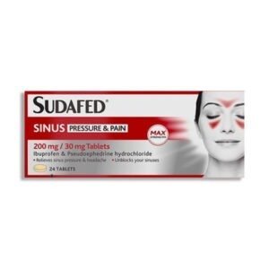 Sudafed Sinus Pressure & Pain Tablets – Red and white box, labelled with product name and dosage, pack of 24 tablets.