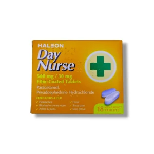 Day Nurse Tablets 18s – orange/white carton with “Daytime Cold & Flu Relief” text, film-coated tablets 500 mg/30 mg, pharmacy-only pack.