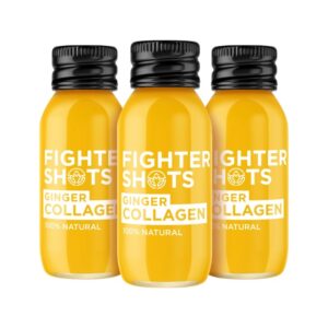 Fighter Shots Ginger + Marine Collagen 3,000mg – 60ml drink shot with hydrolysed marine collagen and fresh ginger juice to support skin and joint health.