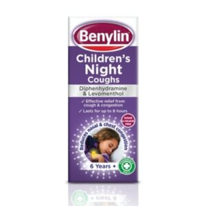 Benylin Children’s Night Coughs Medicine – purple and yellow box with 125ml bottle, labelled for children aged 6–12 years, sugar-free.