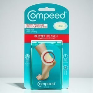 Compeed Blister Plasters Medium box, green and white packaging with Compeed logo and text “Blister Plasters Medium”, pack showing 5 medium-sized hydrocolloid plasters for foot blister protection.
