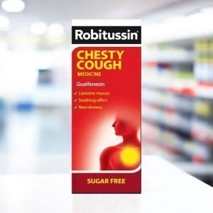 Robitussin Chesty Cough Medicine bottle and carton, green and white packaging with “Robitussin Chesty Cough” text, liquid expectorant containing guaifenesin, 100 ml pack size.