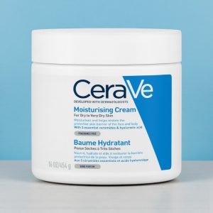 CeraVe Moisturising Cream 454g in white and blue packaging. Label highlights three essential ceramides and hyaluronic acid for dry skin hydration.