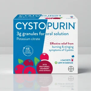 Cystopurin Cystitis Relief 3g Granules box showing blue and white packaging with orange accents, labelled “Cystopurin”, containing sachets for cystitis symptom relief, pack size displayed on front.