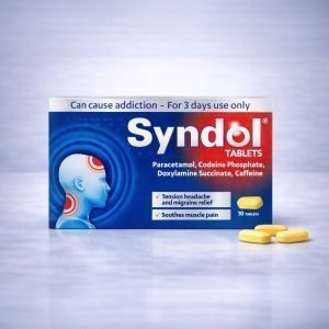 Syndol Tablets packaging highlighting ingredients Paracetamol, Codeine Phosphate, Doxylamine Succinate, and Caffeine, for tension headache, migraine relief, and muscle pain soothing, containing 10 tablets.