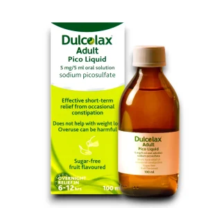 Packaging of DulcoLax Adult Pico Liquid Oral Solution, featuring sodium picosulfate. The box highlights 'Flexible dosing for overnight constipation relief', 'Sugar-free fruit flavoured', and warnings against overuse.
