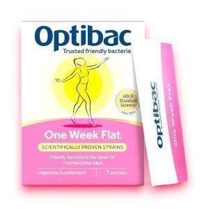 Optibac One Week Flat packaging with 5 billion live cultures, a digestive supplement containing 7 sachets, scientifically proven to support gut health over 7 consecutive days.