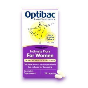 Optibac Intimate Flora for Women packaging with 2.5 billion live cultures, designed to support vaginal health, containing 14 capsules as a specialist supplement.
