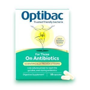 Optibac Probiotics For Those On Antibiotics – 10 Capsules Pack, Blue and White Box with Gut Health Icon, Suitable for Vegan and Antibiotic Use.