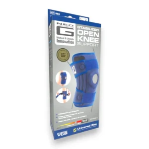 Neo G Stabilized Open Knee Support packaging featuring a blue brace designed for adjustable compression. Supports injured, weak, or arthritic knees and helps with strains, sprains, and instability. Universal size suitable for left or right knee with Class 1 medical-grade certification.