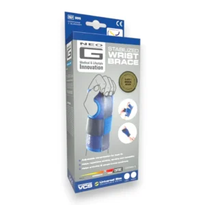 Neo G Stabilized Wrist Brace packaging showing the product designed for adjustable compression to support wrist strains, arthritis, and carpal tunnel syndrome. Suitable for left or right hand with universal sizing. Features a medical-grade Class 1 certification.