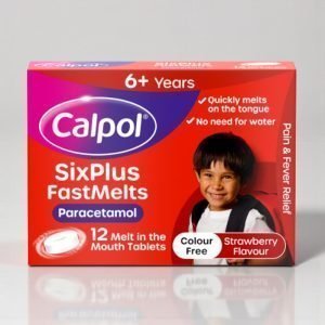 Calpol SixPlus Fast Melts strawberry-flavoured dissolvable paracetamol tablets in a pink and purple box, 250mg strength, available in 12-tablet pack, showing branding and age 6+ indication.