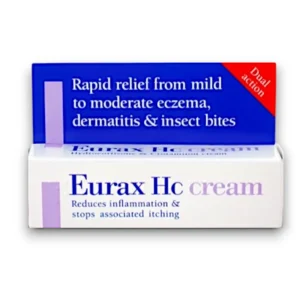 Eurax HC Cream packaging for rapid relief of mild to moderate eczema, dermatitis, and insect bites. Dual-action formula reduces inflammation and stops associated itching.