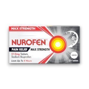 The image shows the packaging of Nurofen Max Strength Pain Relief Tablets. The design features a metallic silver background with a red and yellow circular target symbol in the center, signifying precision pain relief. The words "Nurofen" and "Pain Relief Max Strength" are prominently displayed. The packaging specifies "512mg Tablets" with "Sodium Ibuprofen" as the active ingredient and mentions "Lasts Up To 8 Hours." The top-left corner highlights "Max Strength," and a clock graphic in the top-right corner emphasizes "8 HR" duration. The pack contains 24 tablets.