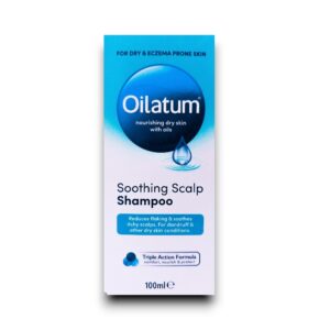 Oilatum Soothing Scalp Shampoo 100ml, designed for dry and eczema-prone skin. Nourishing formula with oils to reduce flaking and soothe itchy scalps, effective for dandruff and other dry skin conditions.