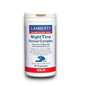 Lamberts Night Time Herbal Complex – 60 vegan capsules with vitamins, minerals, and herbal extracts. Supports cognitive function, reduces tiredness, and promotes relaxation.