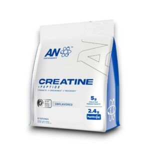 AN Performance Creatine + Peptide supplement in a white and blue resealable pouch, providing 5g of creatine monohydrate and 2.4g of PepiStrong per serving for strength, endurance, and recovery. Unflavoured with 60 servings.