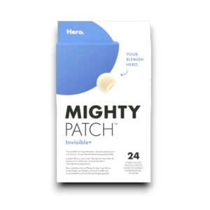 Hero Mighty Patch Invisible+ – 24 hydrocolloid acne patches designed for discreet daytime wear. Absorbs pimple gunk in 6-8 hours. Drug-free and dermatologist-tested.