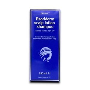 Psoriderm Scalp Lotion Shampoo – 250ml therapeutic shampoo containing distilled coal tar 2.5% w/v, specifically formulated for the treatment of psoriasis of the scalp.