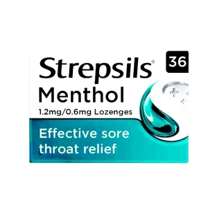 Strepsils Menthol Lozenges – 36 lozenges with 1.2mg/0.6mg active ingredients, providing effective sore throat relief with a cooling menthol sensation.