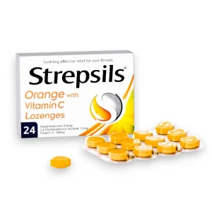 Strepsils Orange with Vitamin C Lozenges – 24 lozenges formulated with 0.6mg Amylmetacresol, 1.2mg 2,4-Dichlorobenzyl Alcohol, and 100mg Vitamin C for soothing sore throats and supporting immune health.