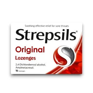 Strepsils Original Lozenges – 16 soothing lozenges containing 2,4-Dichlorobenzyl alcohol and Amylmetacresol for effective relief from sore throats.