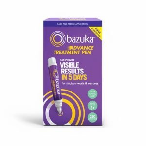 Bazuka Advance Treatment Pen packaging for stubborn wart and verruca removal. The box is purple with yellow and white text. The product name 'Bazuka Advance Treatment Pen' is prominently displayed, with 'Advance' in bold yellow letters. The packaging states that the treatment can provide visible results in 5 days. A visual of the treatment pen is shown, featuring a precision tip for easy application. Additional features mentioned include 'With Formic Acid,' 'Suitable for age 8+,' and '220 applications.' A yellow banner at the top right corner highlights 'New Formulation.