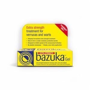 Bazuka Extra Strength Gel packaging for the treatment of verrucas and warts. The box is yellow with blue and red accents, highlighting its uniquely formulated extra-strength treatment. The packaging mentions key benefits such as forming a water-resistant barrier, inhibiting the spread of infection, and requiring no plasters. A red banner on the top right states 'Pharmacy Only,' indicating restricted availability. The product is designed for once-daily application.