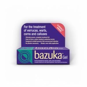 Bazuka Gel packaging for the treatment of verrucas, warts, corns, and calluses. The box is purple with green and yellow accents, displaying key product benefits such as forming a water-resistant barrier and inhibiting infection spread. A red banner on the top right highlights 'Clinically Proven' treatment. The packaging also mentions no plasters are necessary and that the application is simple and once daily.
