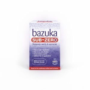 Bazuka Sub-Zero Freeze Treatment packaging for wart and verruca removal. The box has an icy blue and purple design with white and red text. The product name 'Bazuka Sub-Zero' is prominently displayed, with 'Sub-Zero' in bold red letters with a blue and white circular accent. The packaging highlights key features such as freezing with one application, fast and effective use, a secure delivery system, and sufficient for 12 applications. A circular badge states 'New Activation Delivery System,' and a red banner at the bottom mentions that the treatment is based on the cryotherapy method used by doctors.