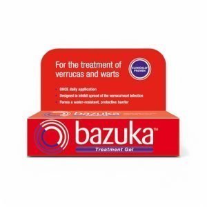 Bazuka Treatment Gel packaging for the treatment of verrucas and warts. The box is red with white text and blue accents. It highlights key benefits such as once-daily application, inhibition of wart infection spread, and forming a water-resistant protective barrier. A circular blue badge states 'Clinically Proven' to emphasize effectiveness. The Bazuka logo is prominently displayed in white text with a circular design on the left side.