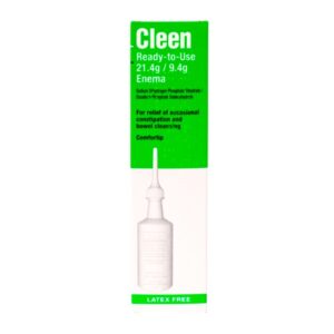 Cleen Ready-to-Use Enema 21.4g/9.4g, formulated with sodium dihydrogen phosphate dihydrate and disodium phosphate dodecahydrate, provides relief from occasional constipation and supports bowel cleansing. Features a comfort tip and is latex-free.