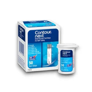 Contour Next Blood Glucose Test Strips packaging. The image features a blue and white box labeled for self-testing, containing 50 test strips compatible with Contour Next meters. A small white plastic container with a white cap, also labeled with product details, is positioned next to the box. The packaging highlights 'No Coding' technology for easier use.
