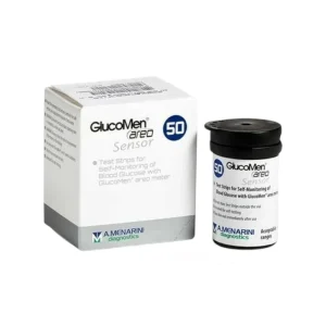 GlucoMen Areo Sensor 50 Test Strips packaging. The image shows a white and silver box with blue and black text, labeled for self-monitoring of blood glucose with the GlucoMen Areo meter. A black-capped cylindrical container is placed beside the box, also labeled with the product name and test strip usage instructions. The packaging features the A. Menarini Diagnostics logo.