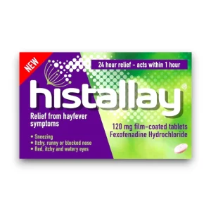 Histallay 120mg Film-Coated Tablets – Fexofenadine Hydrochloride for relief from hayfever symptoms, including sneezing, itchy or blocked nose, and red, itchy, and watery eyes. Provides 24-hour relief and acts within 1 hour.