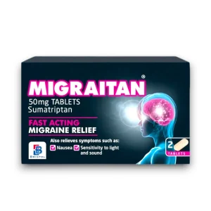 Migraitan 50mg Tablets (Sumatriptan) packaging. The box is black with bold pink and white text, featuring an illustration of a human head with a highlighted migraine area in pink and blue. The packaging emphasizes fast-acting migraine relief and lists symptom relief for nausea and sensitivity to light and sound. Contains 2 tablets.