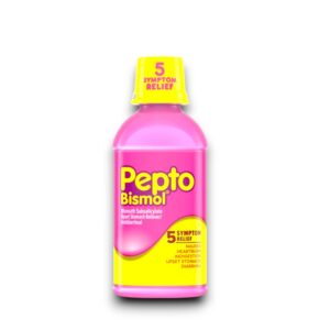 Pepto-Bismol Liquid 5 Symptom Relief, formulated with bismuth subsalicylate, provides relief for nausea, heartburn, indigestion, upset stomach, and diarrhea. Comes in a distinctive pink bottle with a yellow cap.