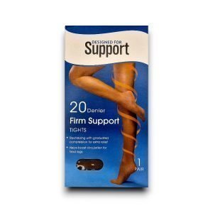 A blue and beige box of Firm Support Tights, 20 Denier, featuring an image of a woman's legs wrapped in an orange spiral, highlighting compression benefits. The packaging states the tights are designed for extra relief and improved circulation.